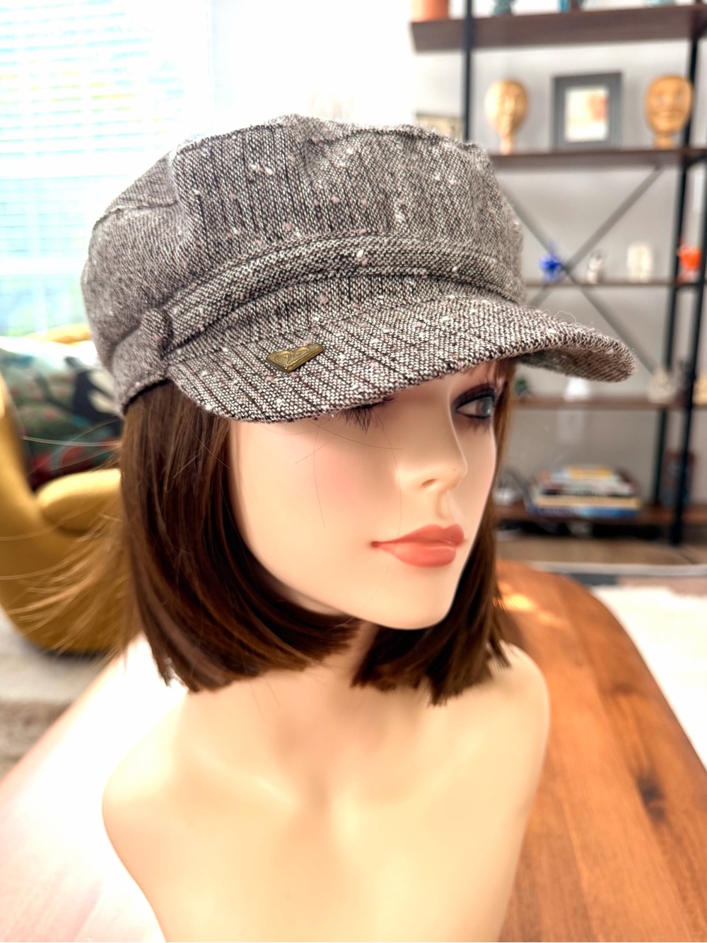 ROXY Wool Blend Tweed Newsboy Cabbie Cap Brown Pink Y2K Skater Hat